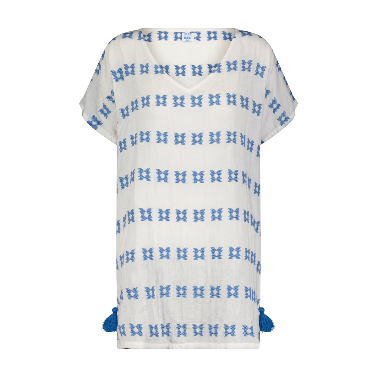 Capucine Women's Mini Caftan White with Blue Embroidery