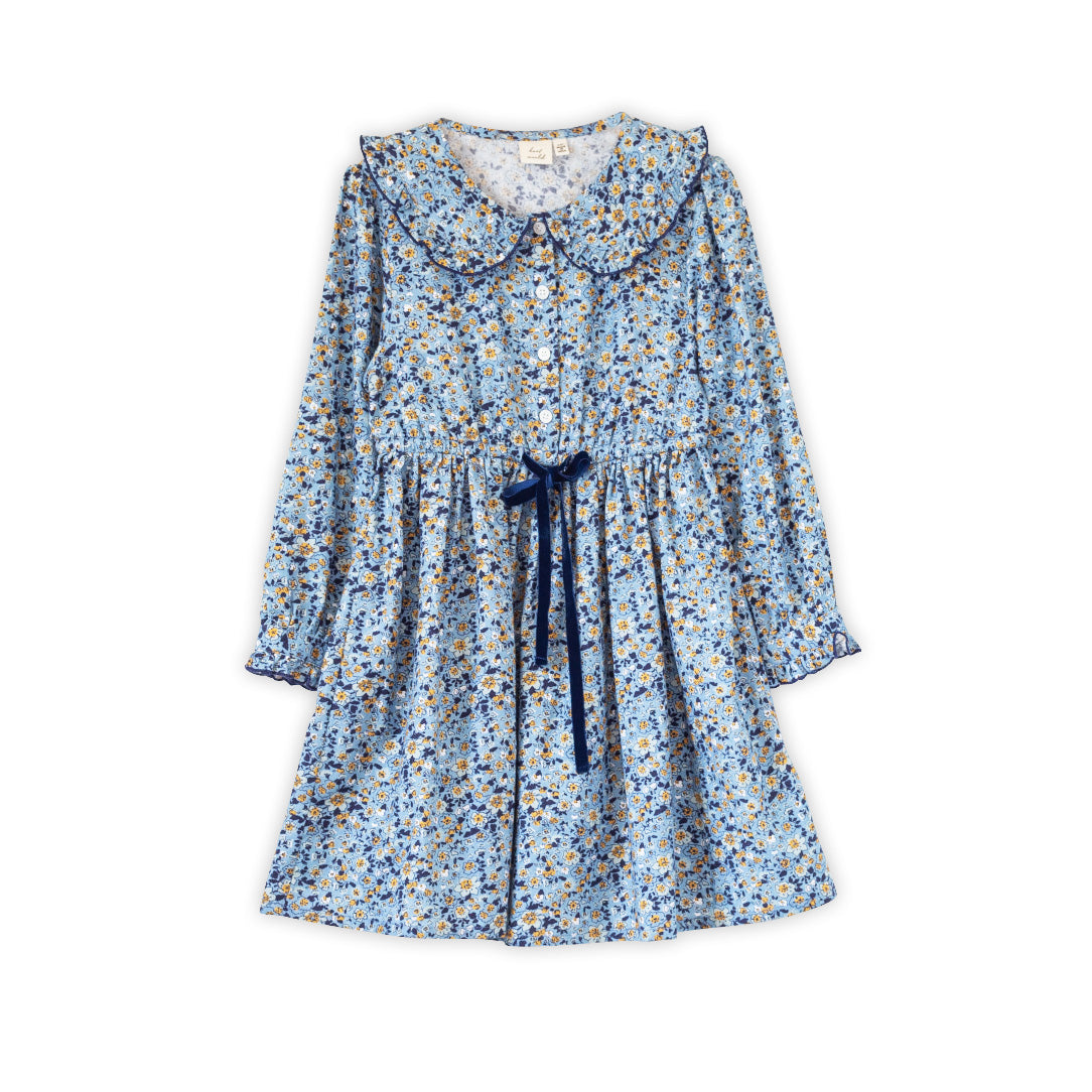Girls Adelaide Velvet Tie Dress | Blue and Mustard Wildflowers