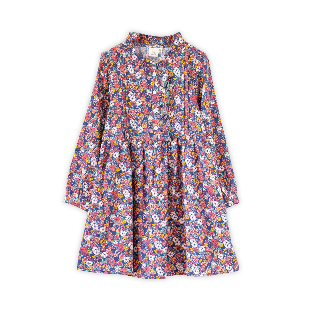 Girls Long Sleeves Dress with Front Ruffle | Garden Confetti