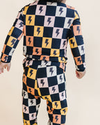 Kids Bamboo Two Piece Pajama Set with Colorful Checks and Bolts