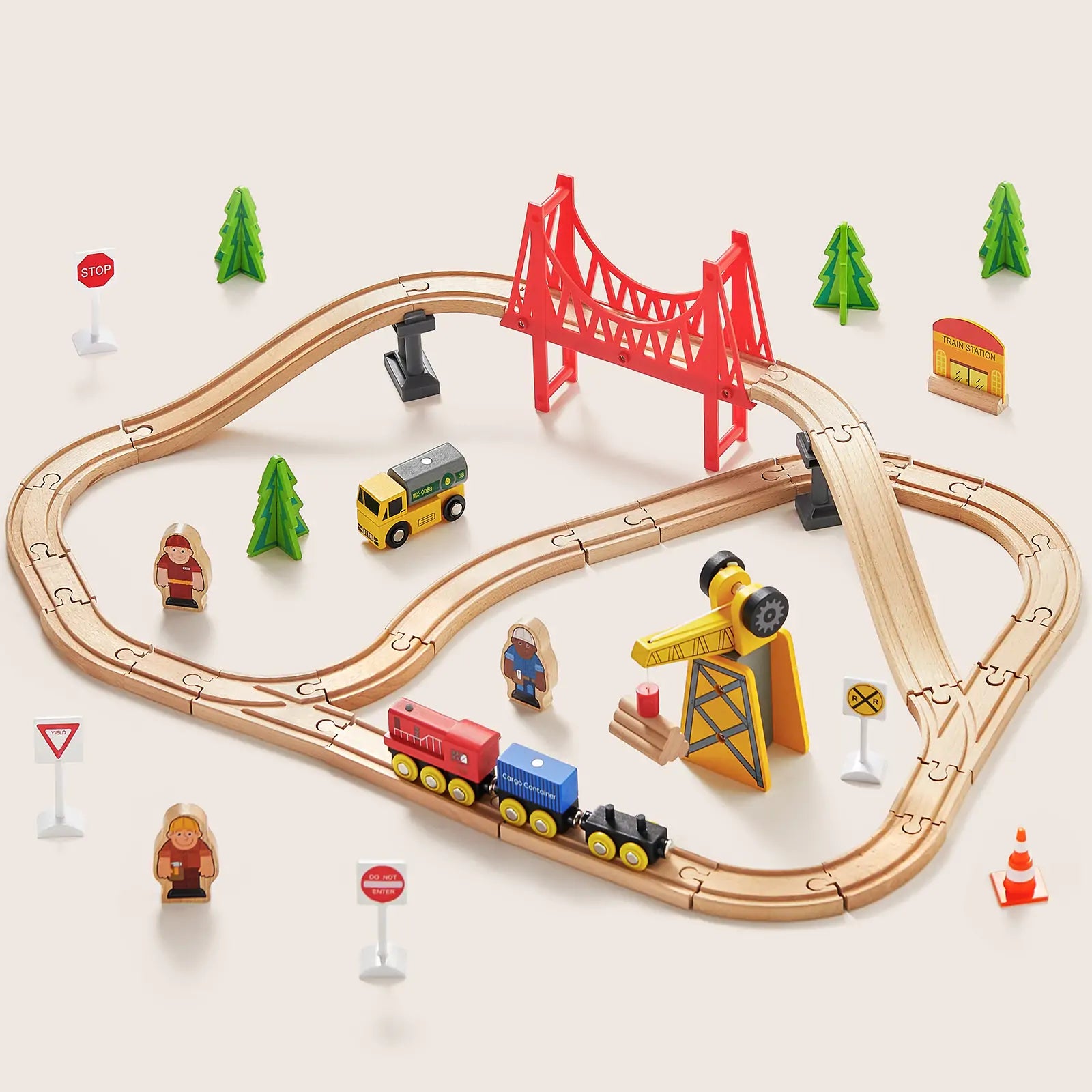 Tiny Land® Wooden Track Trains 55 Pcs