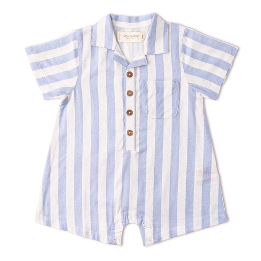 Organic Collared Romper - Blue Stripes