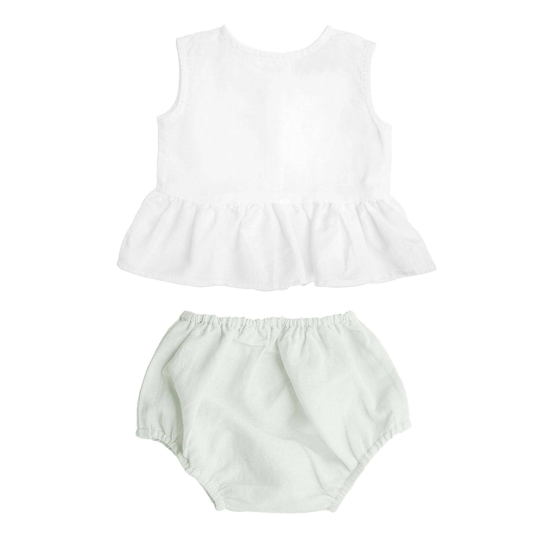 Baby Girl Sleeveless White Frill Blouse and French Grey Bloomer Set by Louelle