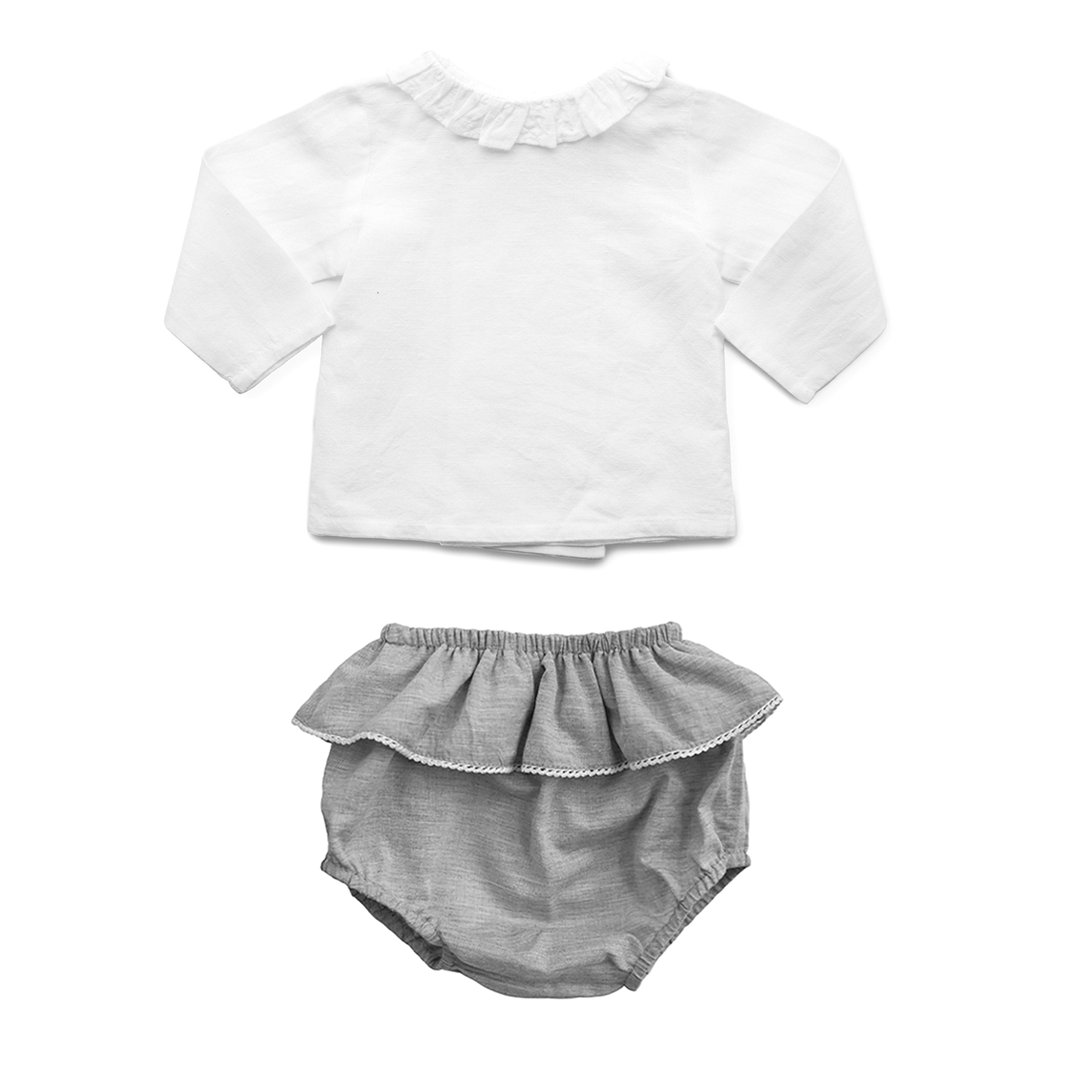 Baby Girl Double Button Blouse & Husk Grey Frill Bloomer Set
