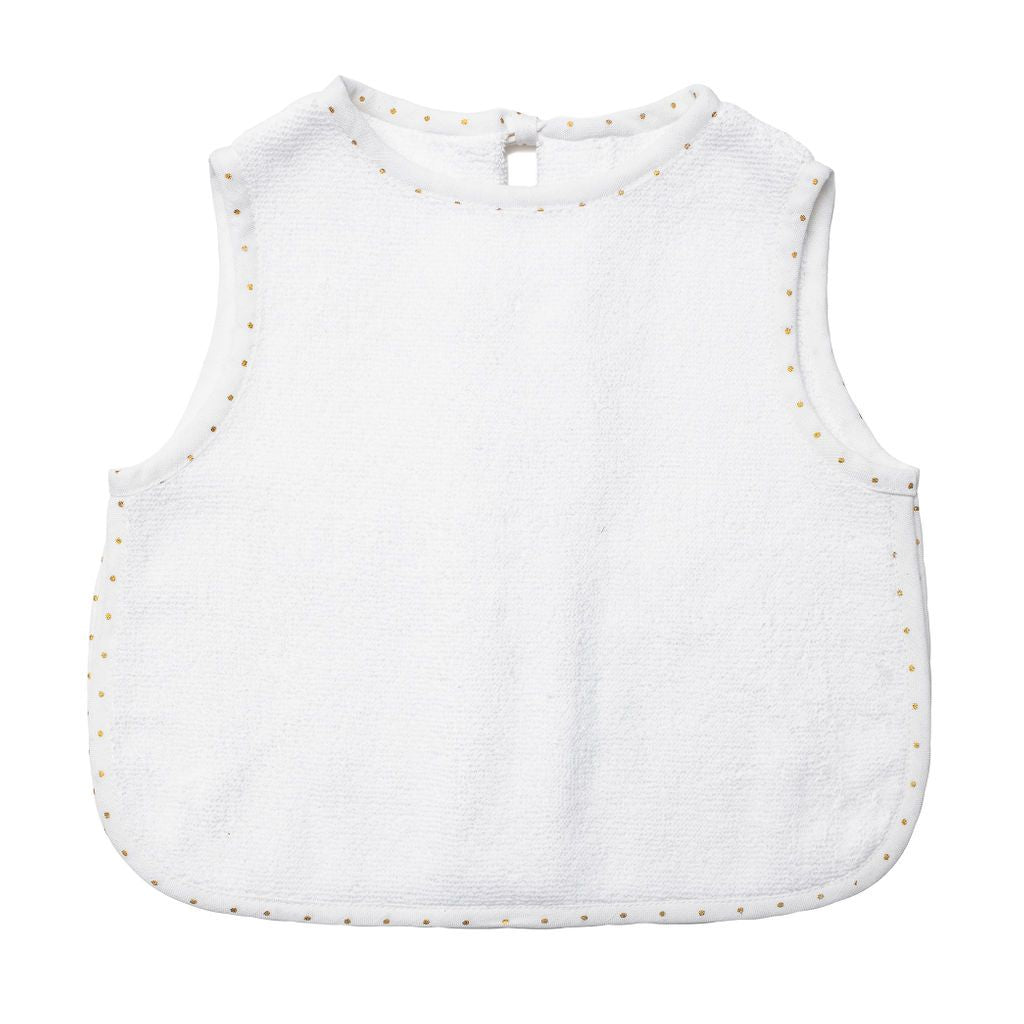 Baby Apron Bib | Gold Dot and White Linen
