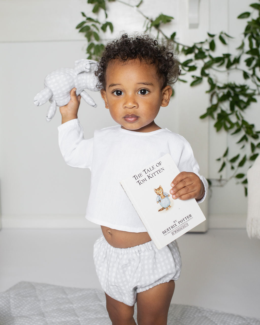 Baby Grey Gingham Bloomer and White Linen Blouse Set