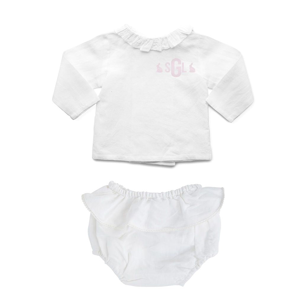 Baby Girl Easter Set | White Linen Frill Bloomer and White Linen Blouse
