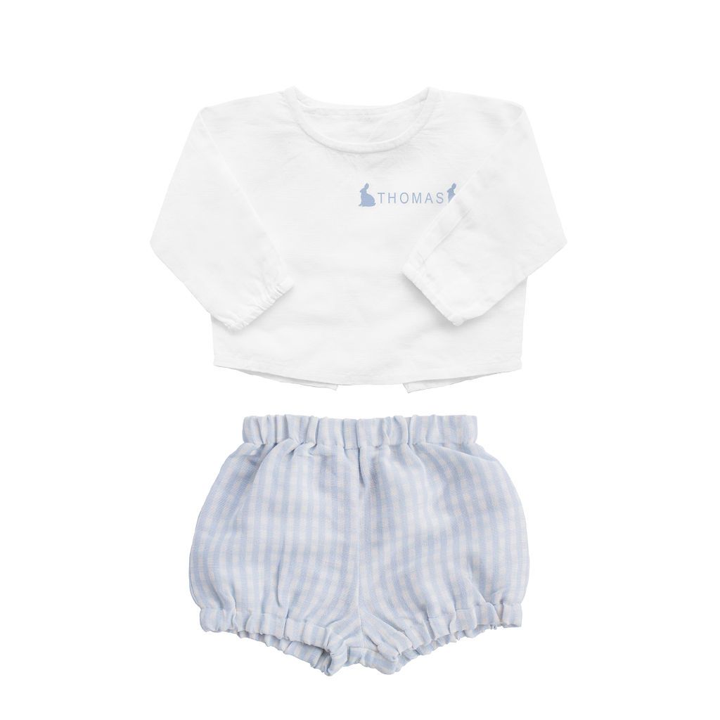 Easter Monogram Gift Set | Boys White Linen Shirt and Pale Blue Gingham Shorts