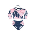girls two piece swimsuit with tropical ruffle bottoms and rash guard