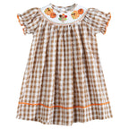 Girls Light Brown Gingham Pumpkin Turkey Smocked Bishop Dress with Orange Trim

