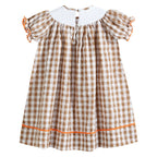 Girls Light Brown Gingham Pumpkin Turkey Smocked Bishop Dress with Orange Trim