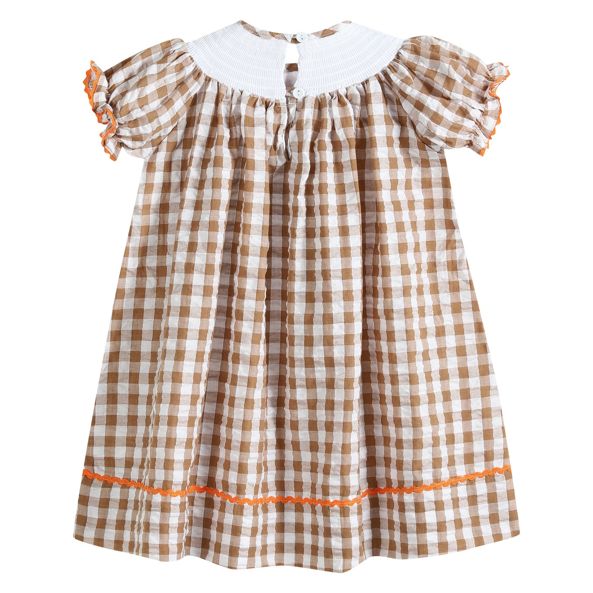 Girls Light Brown Gingham Pumpkin Turkey Smocked Bishop Dress with Orange Trim