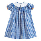 Girls Royal Blue Gingham Dress with Pumpkin Smocking