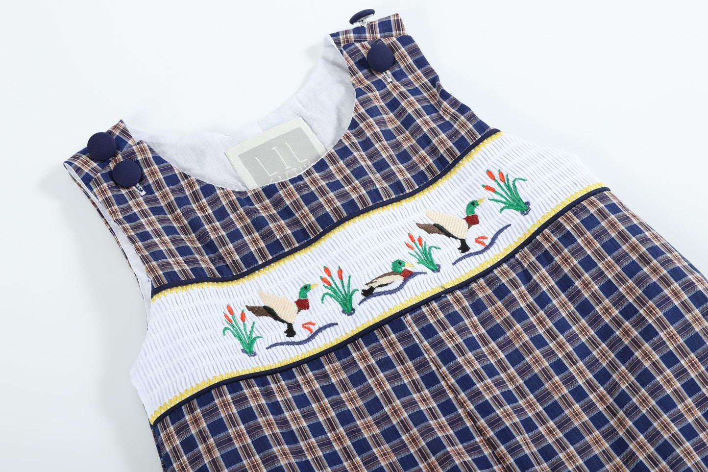 Baby Blue Flannel Plaid Mallard Smocked Overalls
