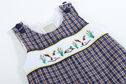 Baby Blue Flannel Plaid Mallard Smocked Overalls