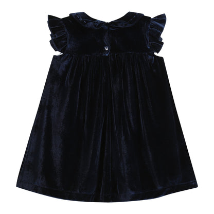 Girls Navy Blue Velour Flutter Sleeve Dress