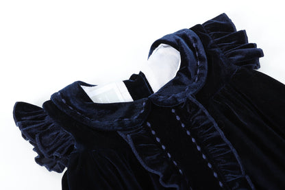 Girls Navy Blue Velour Flutter Sleeve Dress