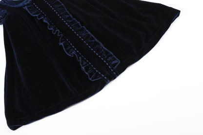 Girls Navy Blue Velour Flutter Sleeve Dress