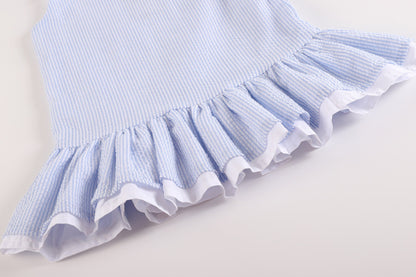 Girls Light Blue Seersucker Ruffle Dress
