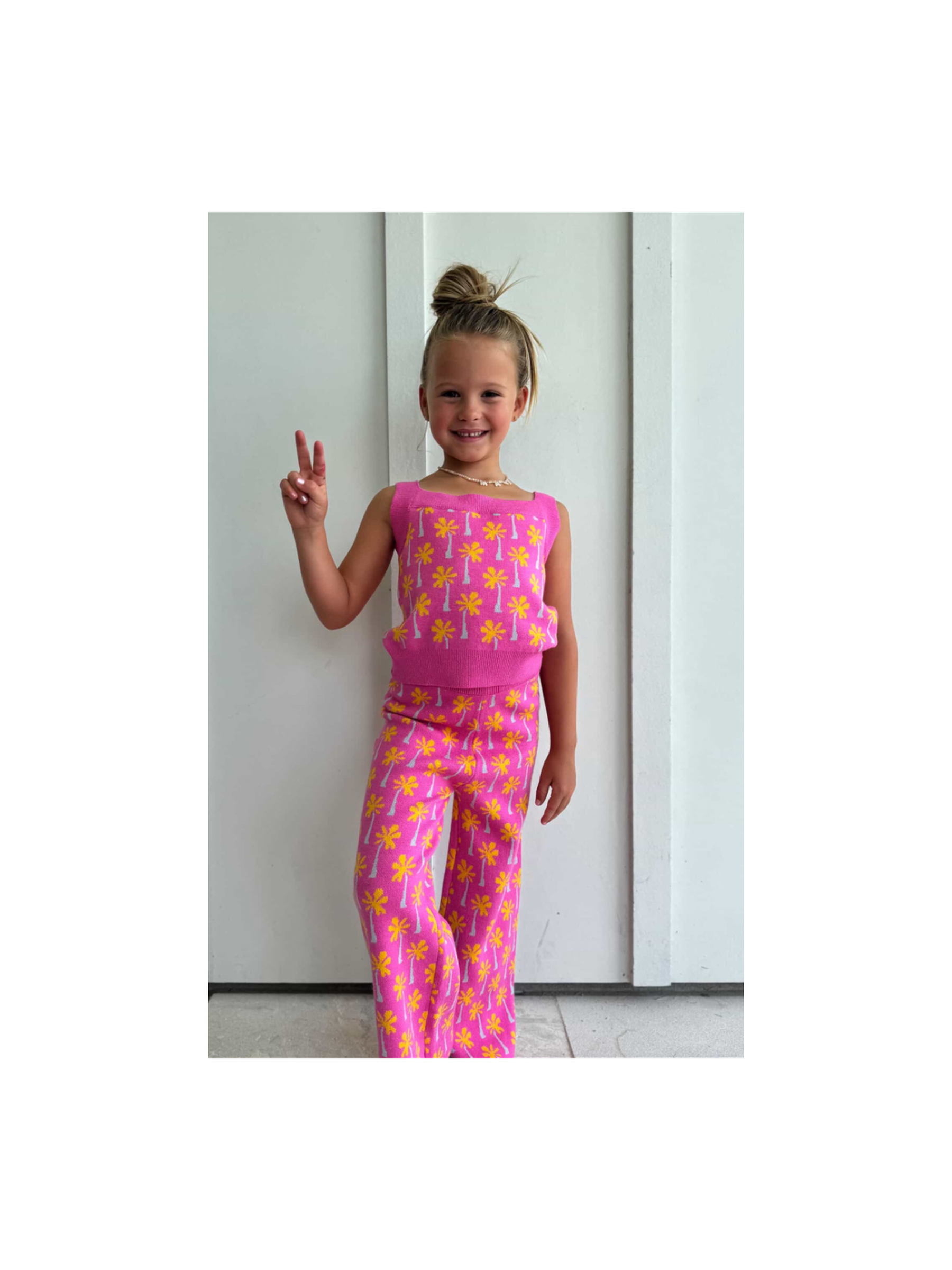 Pink Palm Tree Print Top and Pant Knit Set