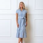Women’s Organic Maxi Dress – Blue Check Button Front