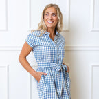 Women’s Organic Maxi Dress – Blue Check Button Front