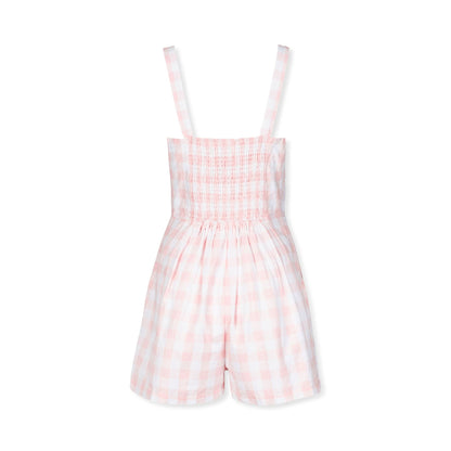 Women’s Pink Check Bow Romper – Organic Linen Blend