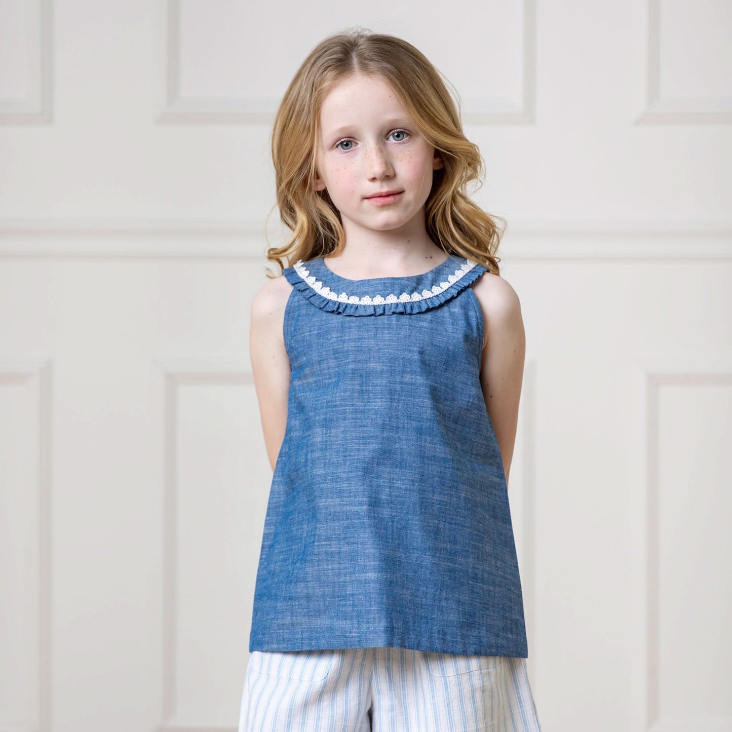 Organic Ruffle Collar Chambray Top