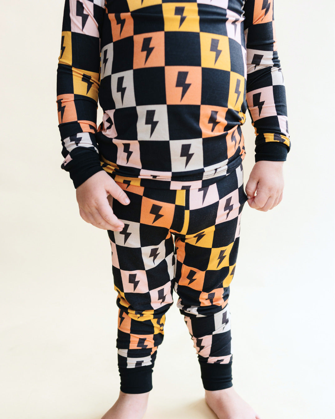 Kids Bamboo Two Piece Pajama Set with Colorful Checks and Bolts