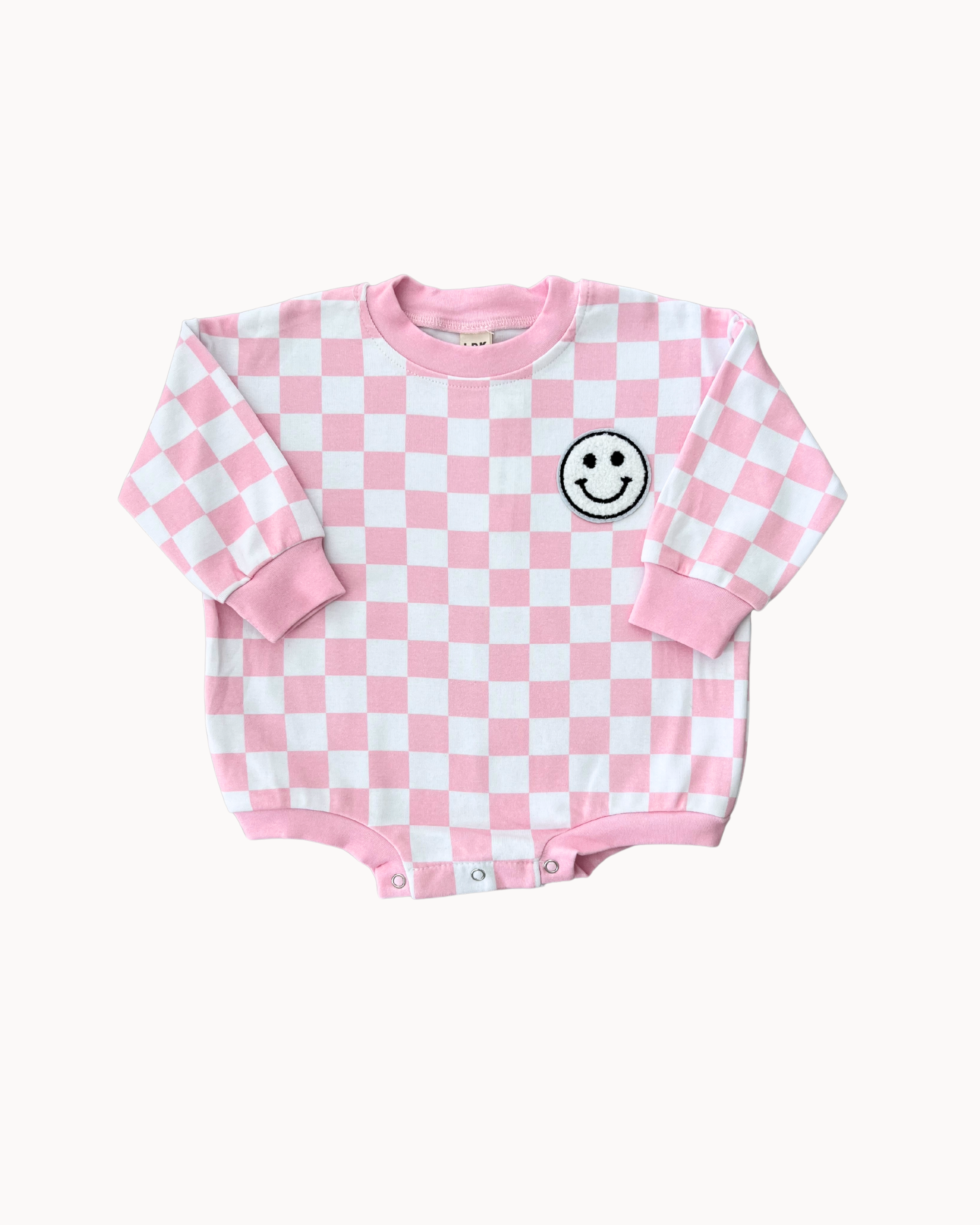Checkered Smiley Pink Bubble Romper