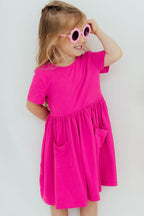 Hot Pink Short Sleeve Pocket Twirl Dress