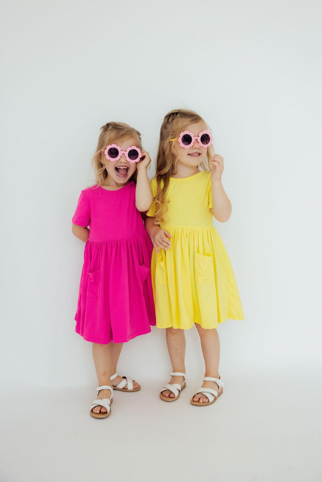 Hot Pink Short Sleeve Pocket Twirl Dress