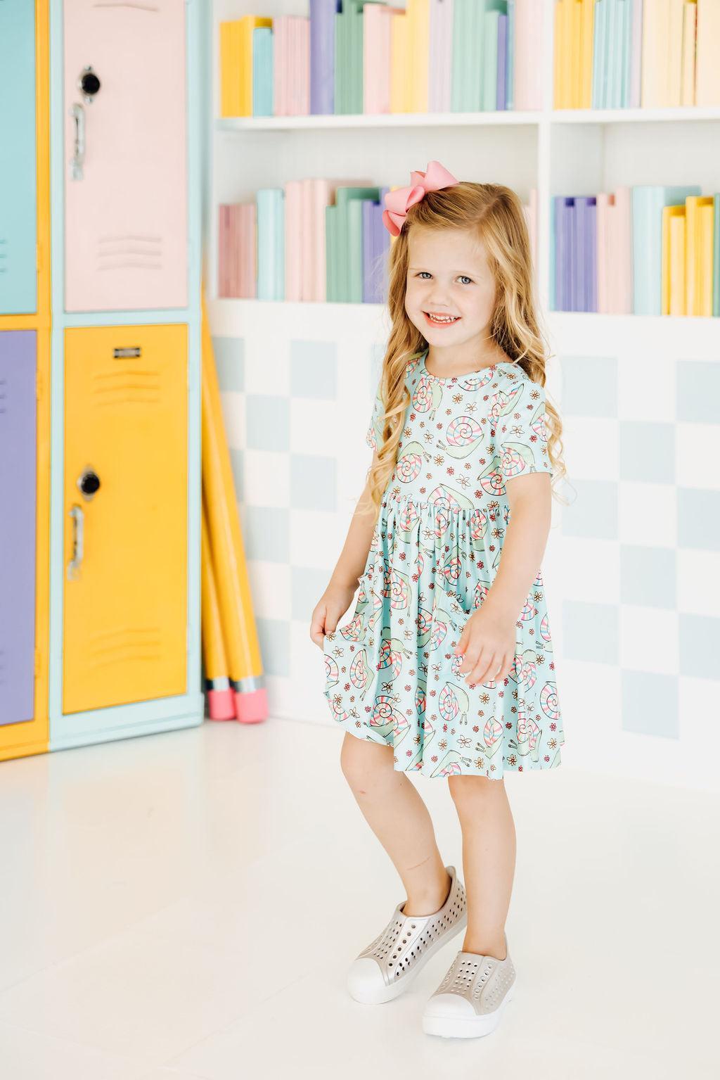 Girls Spring Snails Twirl Dress with Pockets