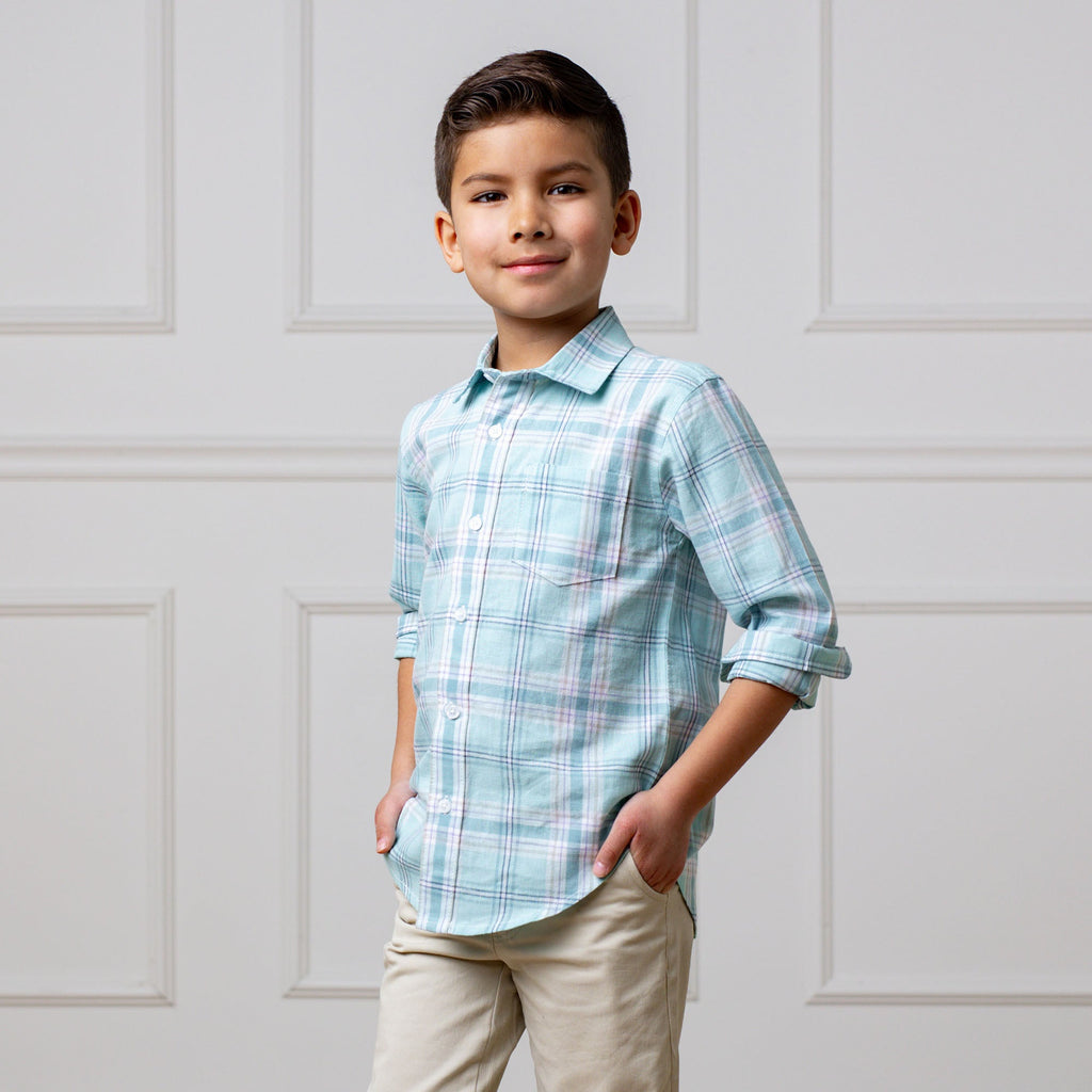 Tea Room Blue Plaid Linen Button-Down Shirt