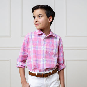 Boys Pink Plaid Linen Button Down Shirt