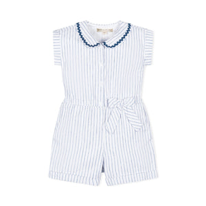 Linen Collared Button Front Romper - White Pinstripe