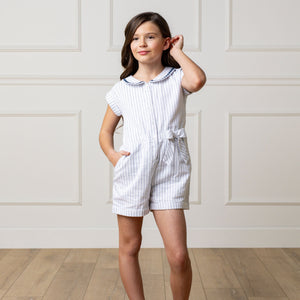 Linen Collared Button Front Romper - White Pinstripe