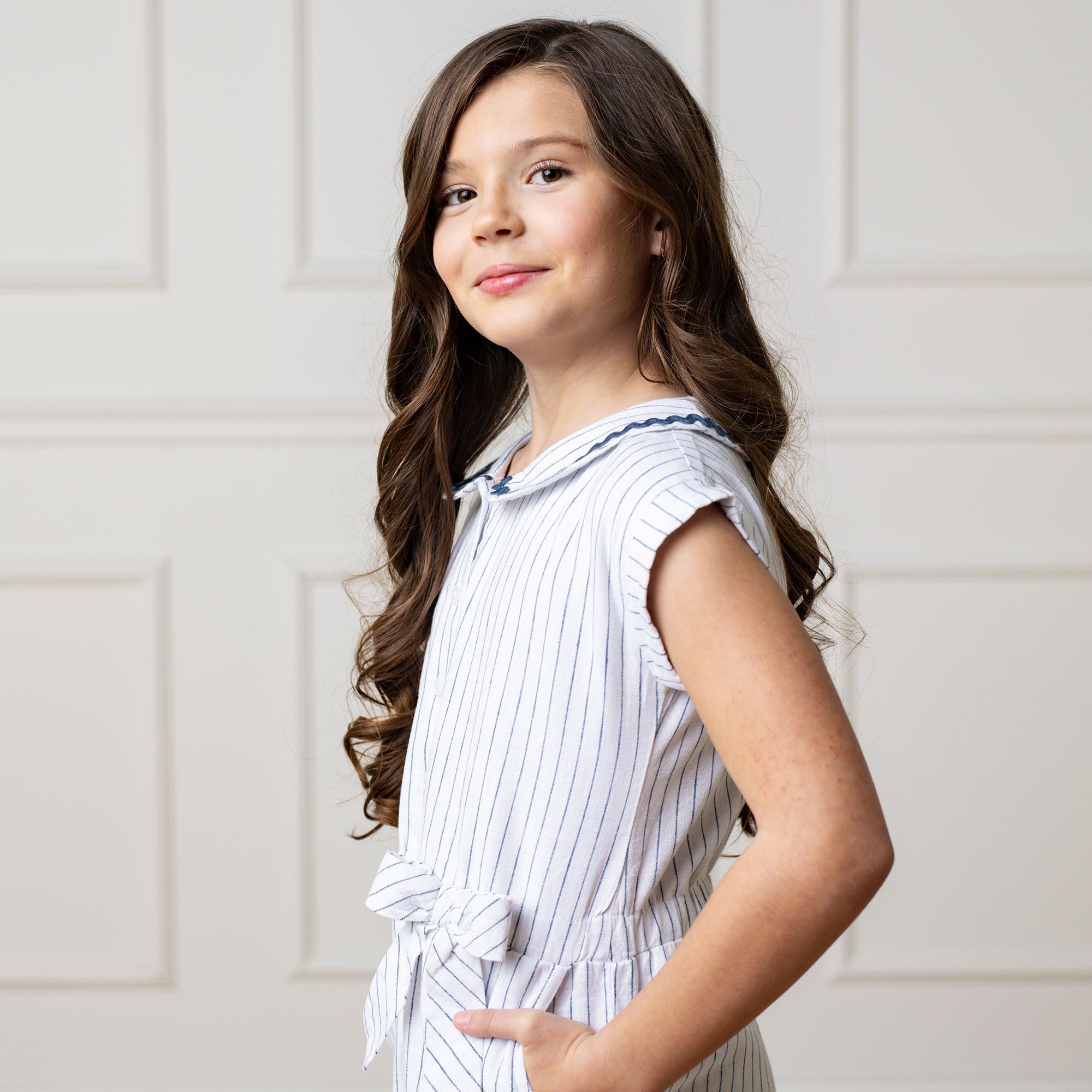 Girls Linen Collared Button Front Romper