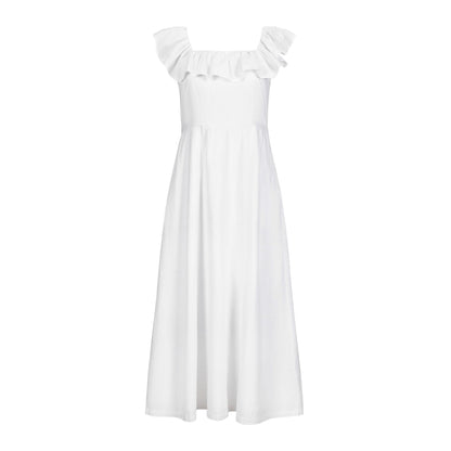 Women’s White Linen Ruffle Collar Dress