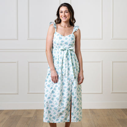 Women’s Linen Party Dress – Coastal Floral Flutter Sleeve