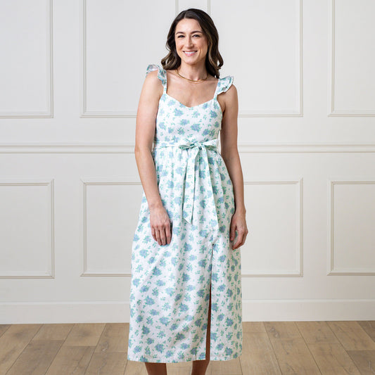 Women’s Linen Party Dress – Coastal Floral Flutter Sleeve