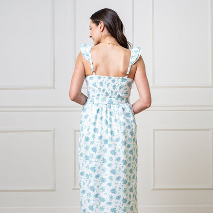 Women’s Linen Party Dress – Coastal Floral Flutter Sleeve
