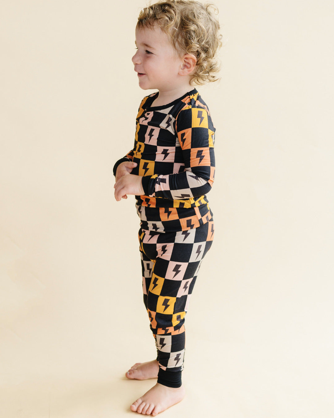 Kids Bamboo Two Piece Pajama Set with Colorful Checks and Bolts by Lucky Panda