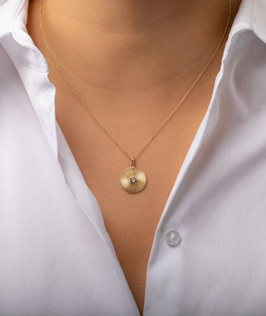 14K Gold Fluted Disc with Diamond Necklace