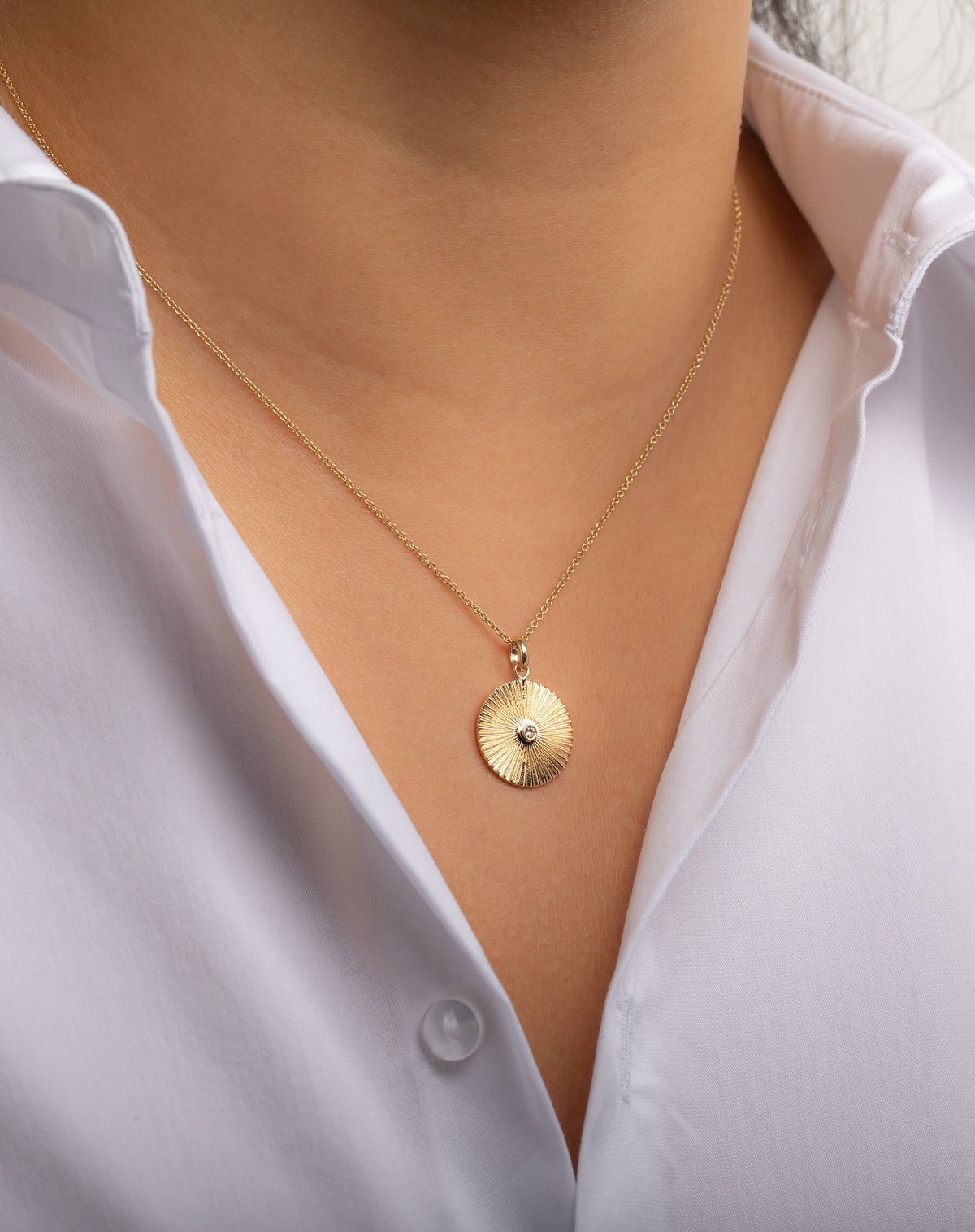 14K Gold Fluted Disc with Diamond Necklace