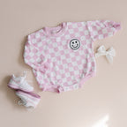 Checkered Smiley Pink Bubble Romper