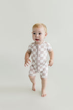 Latte Checkered Bamboo Shorty Baby Romper
