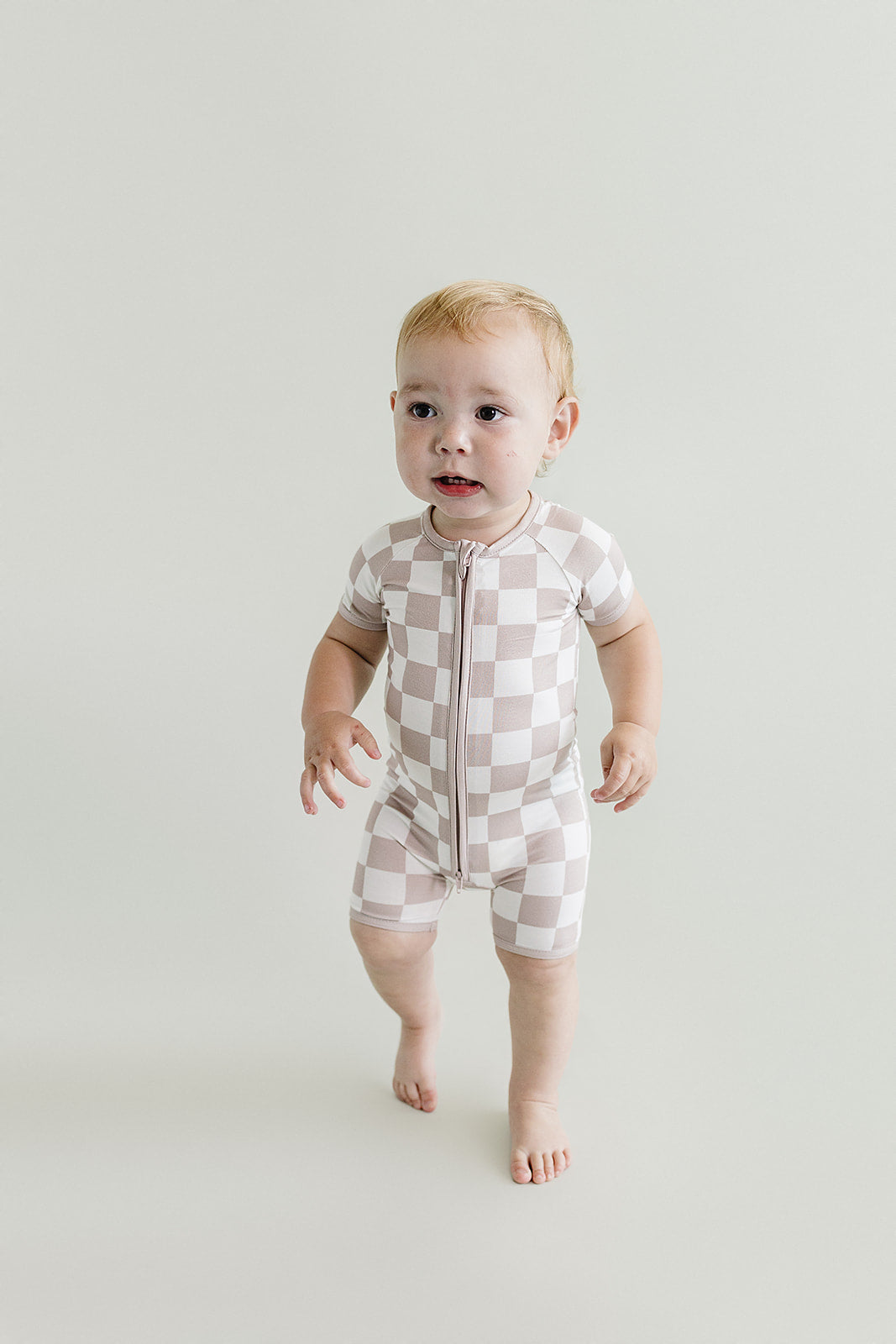 Latte Checkered Bamboo Shorty Baby Romper