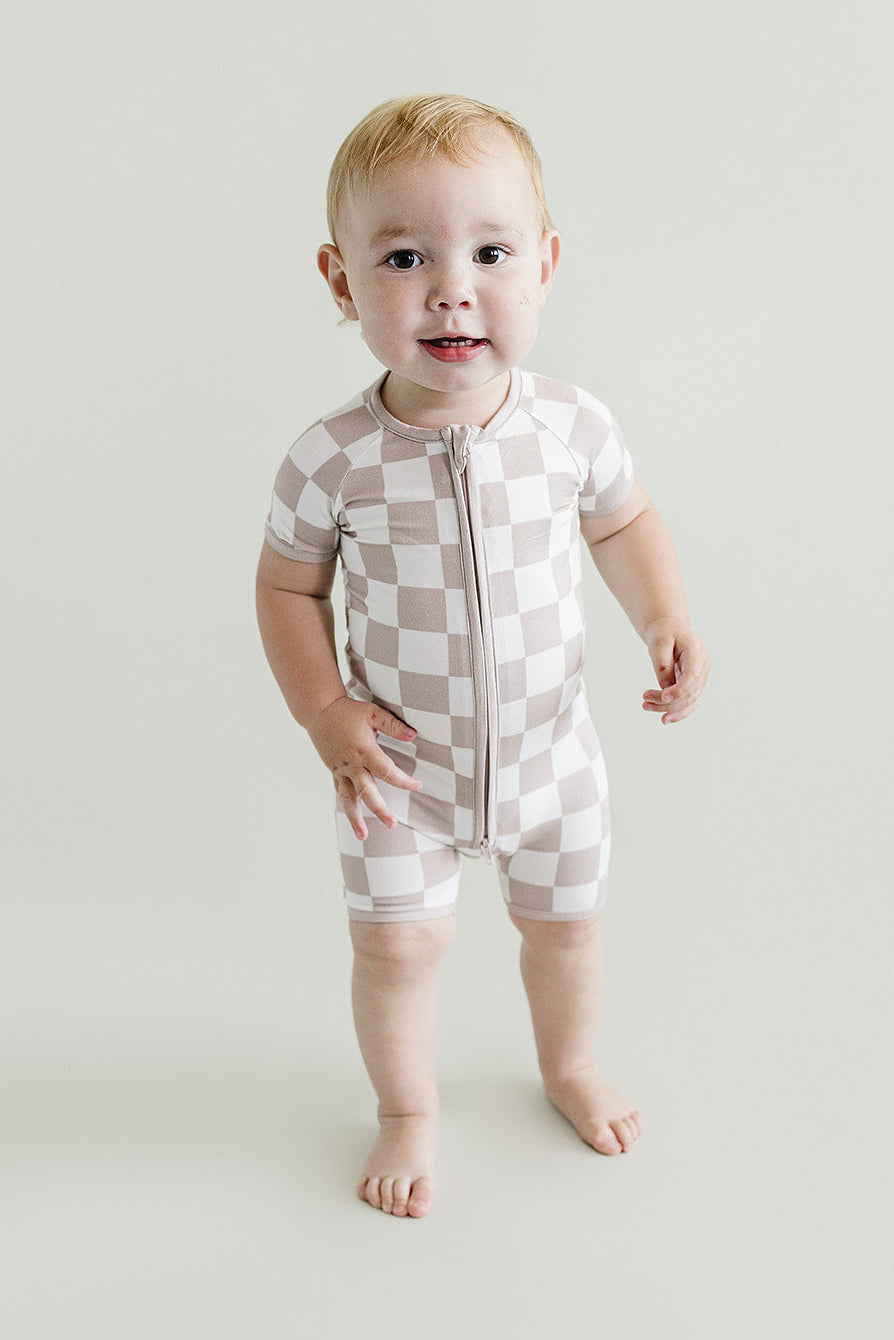 Latte Checkered Bamboo Shorty Baby Romper