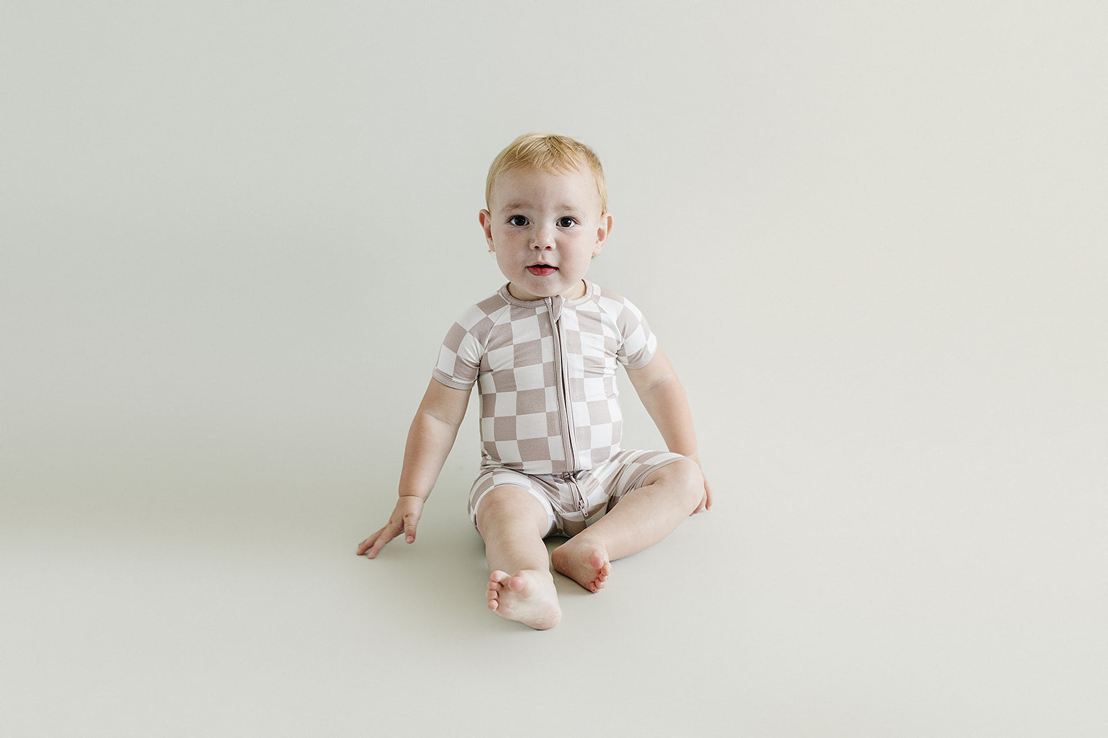 Latte Checkered Bamboo Shorty Baby Romper